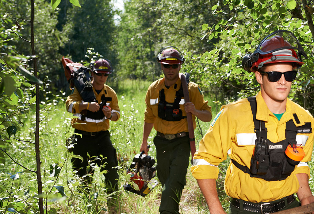 Three Natural Resource Officers navigate through the forest.