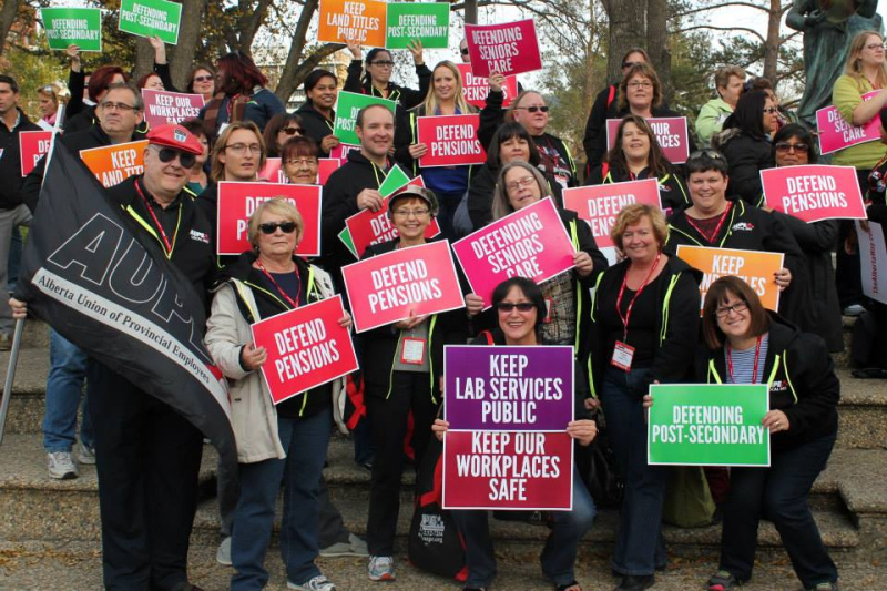 AUPE Local 2 members rallying to protect our pensions and public services at Alberta's legislature.