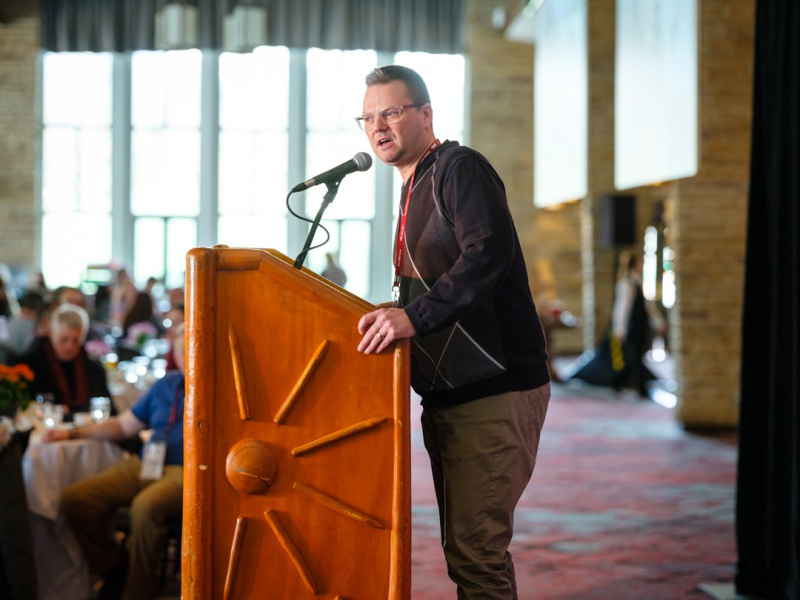 Executive Secretary-Treasurer Jason Heistad speaks to a a full house of union members at AUPE's Labour School.