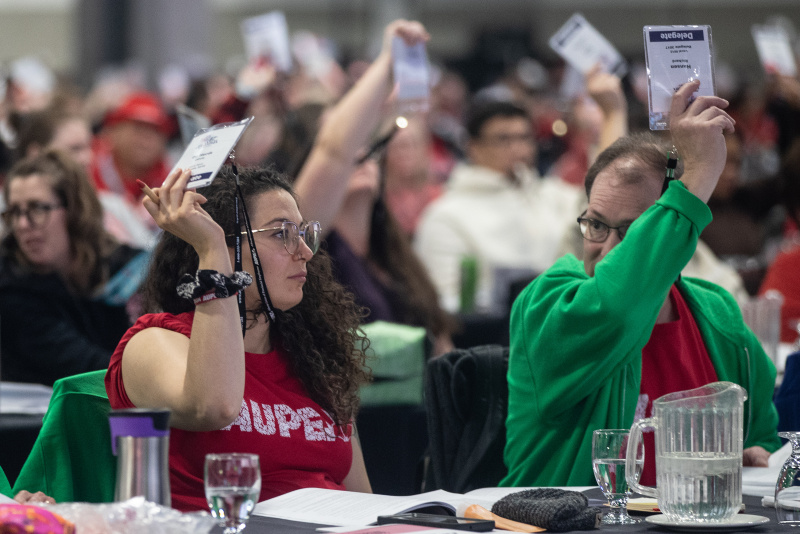 Delegates at AUPE convention raise their credentials to vote.
